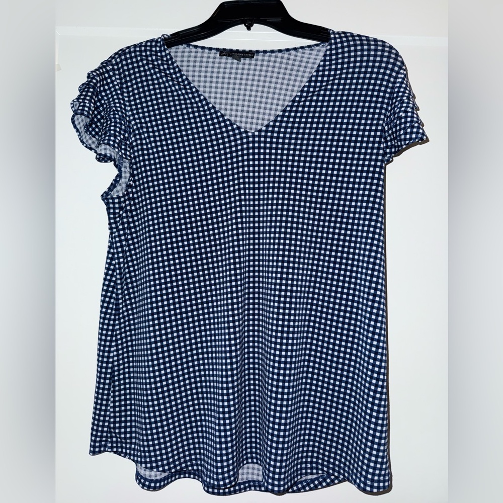 Adrianna Papell Navy and White Gingham Blouse